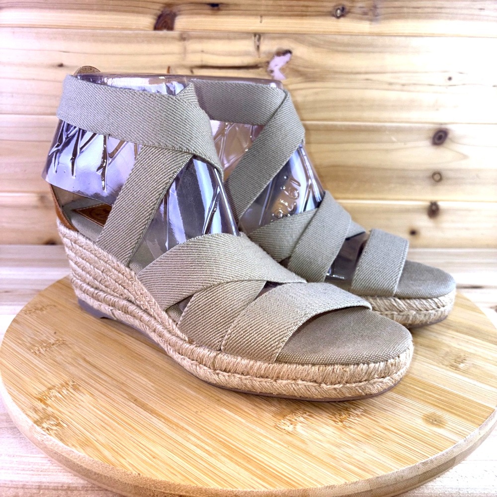 Tory Burch Sandals Womens 10B Tan Canvas and Leather Espadrille Wedge Sandals